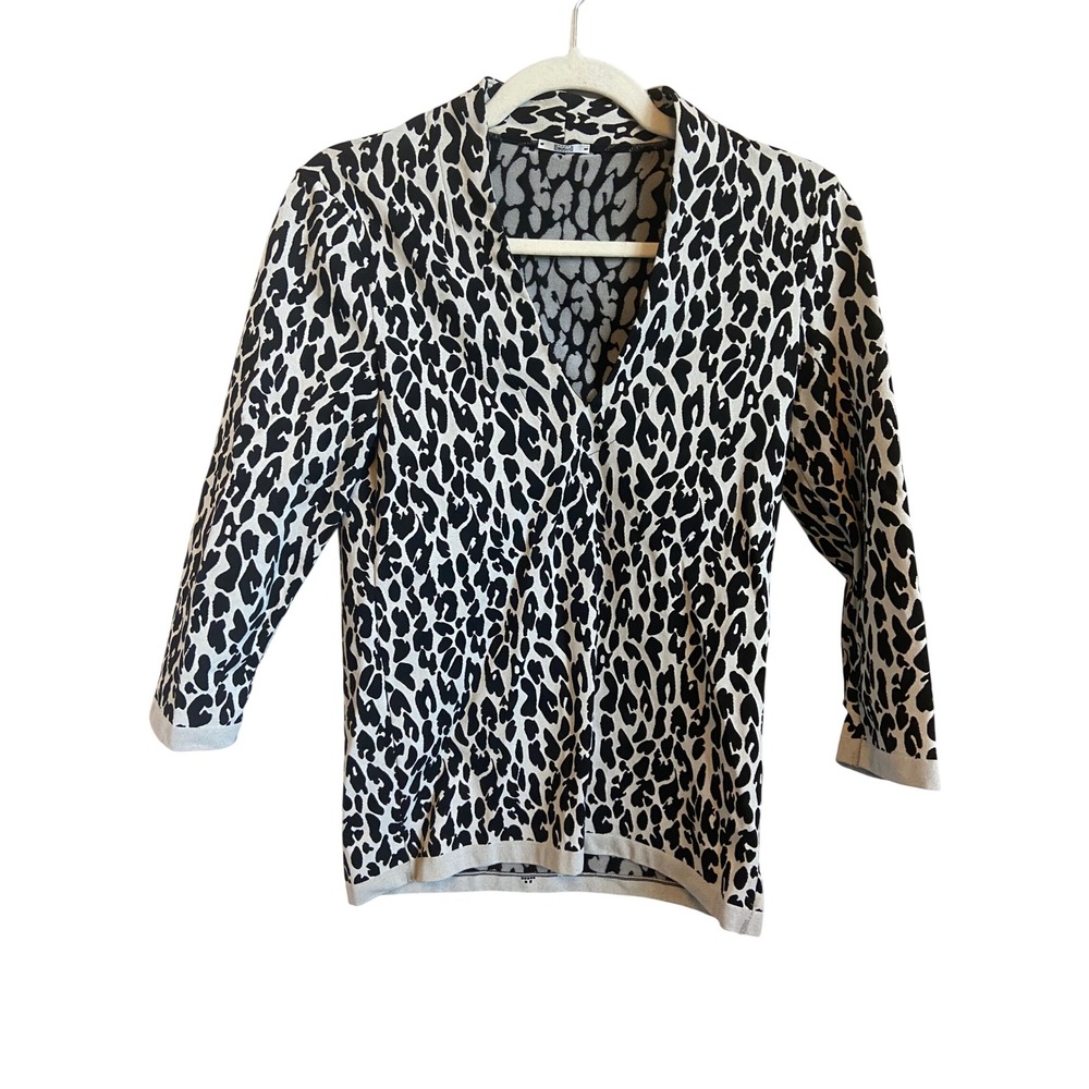 Wolford Black White Leopard Print V-Neck 3/4 Sleeve Knit Top Size M Austria